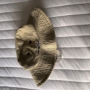 Panama Jack Mens Khaki Tan Bucket Sun Hat Navy Blue Underbrim Chin Strap Large